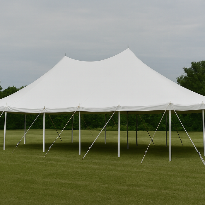 AI-generated image of an empty white peaked pole tent standing on a grass field
