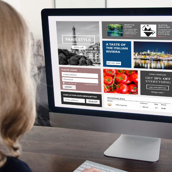 Woman viewed from behind looking at a mockup travel website on a desktop computer screen