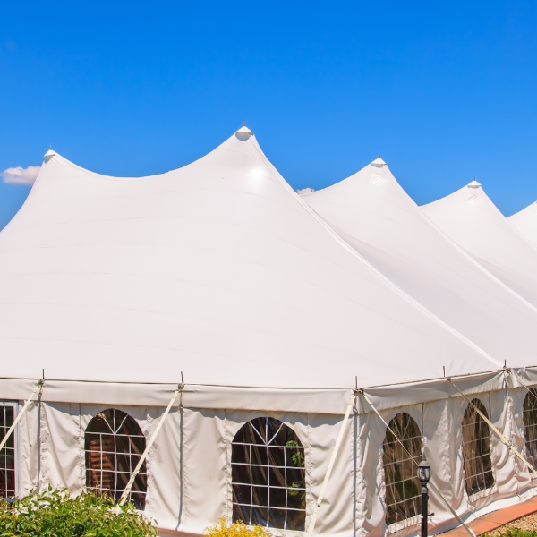 Large multi-peak white pole tent with cathedral windows on a sunny landscaped lawn