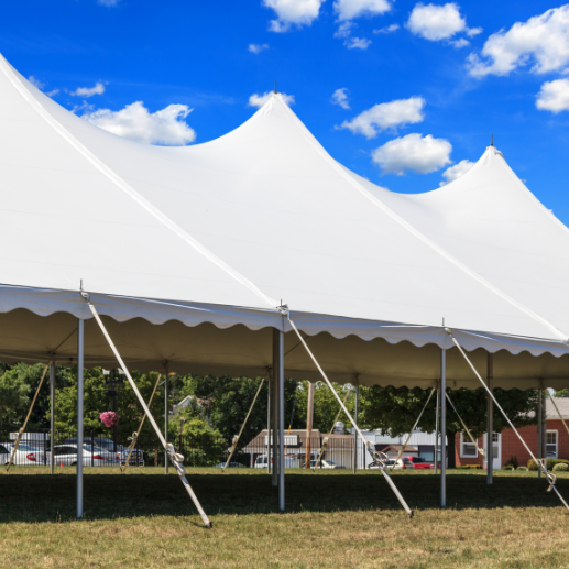 White pole tent with a scalloped valance and three peaks staked on grass under a blue sky