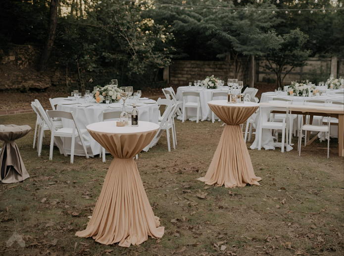 Outdoor reception with round dining tables and tan-draped cocktail tables under string lights