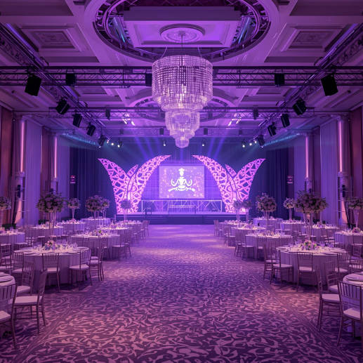 Indoor ballroom reception with purple lighting, round tables, and a chandelier over a center aisle