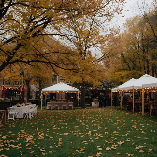 White event tents set up on a lawn under autumn trees with string lights and table seating