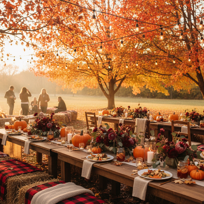 Outdoor fall dinner table set with pumpkins and florals under trees with string lights