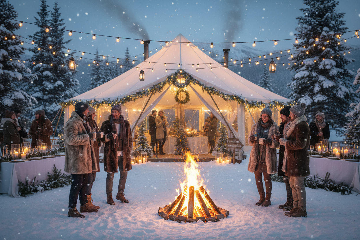 AI-generated scene of people gathered around a bonfire outside a snow-covered peaked tent at night