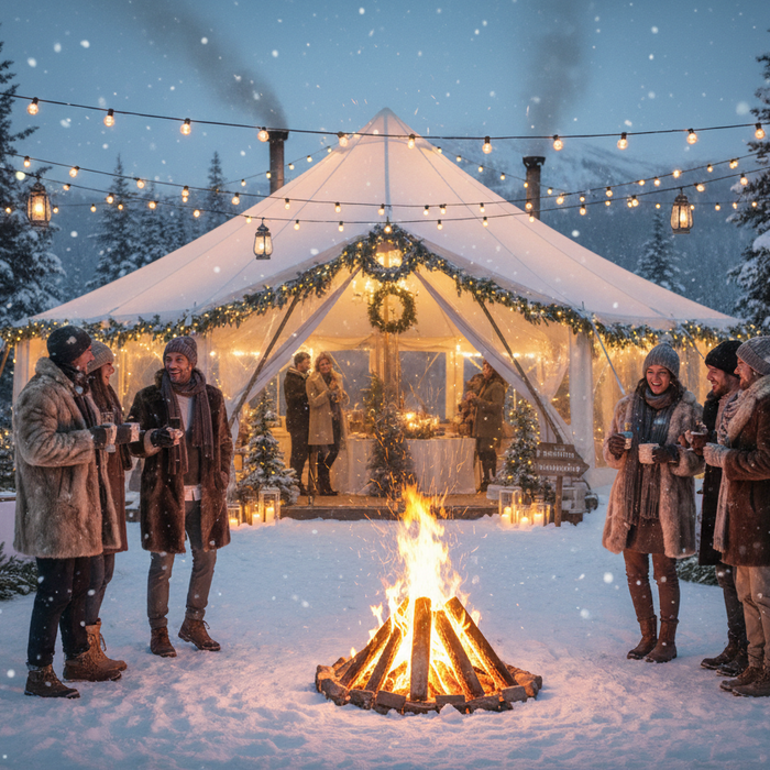 AI-generated scene of people gathered around a bonfire outside a snow-covered peaked tent at night
