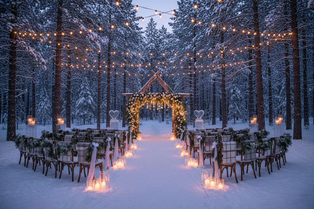 Snow-covered forest wedding aisle lined with candles and chairs leading to a lit floral arch