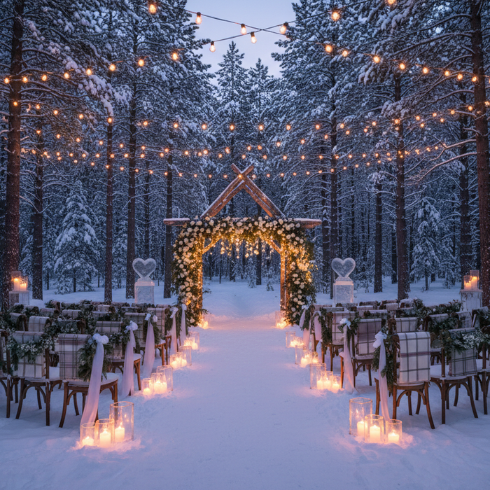 Snow-covered forest wedding aisle lined with candles and chairs leading to a lit floral arch
