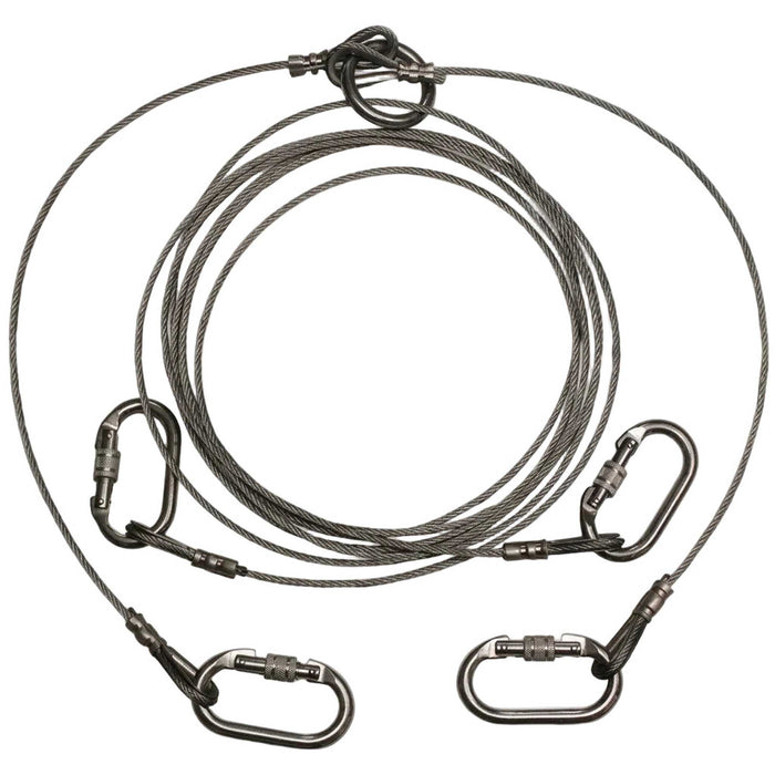 A set of dark gray steel cable carabiner attachment loops with matching carabiners, arranged on a plain white background.