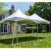 Beyond Tent 10x20 Pinnacle Frame Tent, open-sided dual peak marquee tent set up on a backyard lawn next to a blue house with mature trees