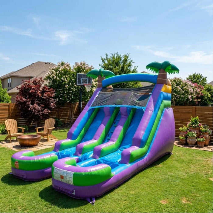 13' Lightweight Violet Twin Slide - Commercial Grade Purple Inflatable Water Slide with Palm Trees