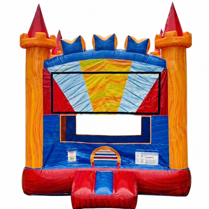 Red, orange, and blue castle-themed 13x13 Royal Crown Bouncer inflatable with turret towers, crown-shaped trim, and a sunburst window, shown on a white studio background.
