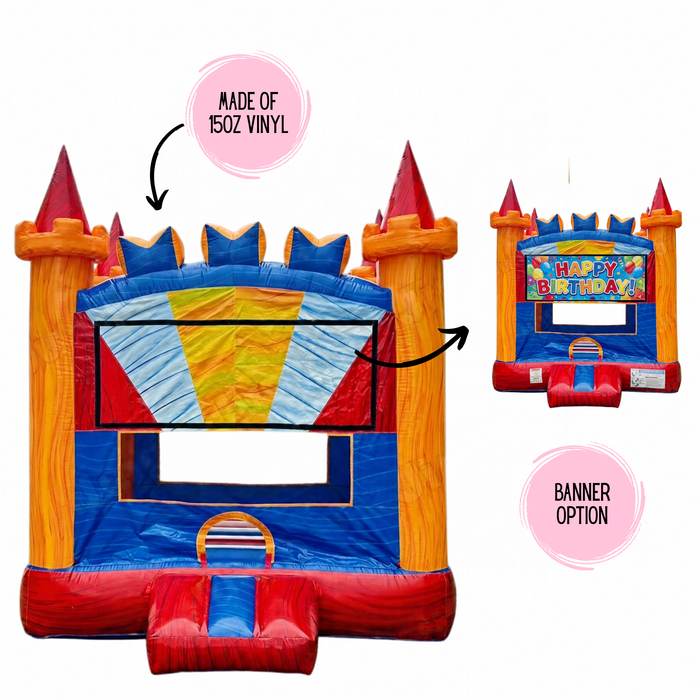 Feature infographic for the 13x13 Royal Crown Bouncer highlighting its 15oz vinyl construction, with an inset thumbnail showing the optional interchangeable Happy Birthday banner.