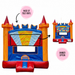 Feature infographic for the 13x13 Royal Crown Bouncer highlighting its 15oz vinyl construction, with an inset thumbnail showing the optional interchangeable Happy Birthday banner.