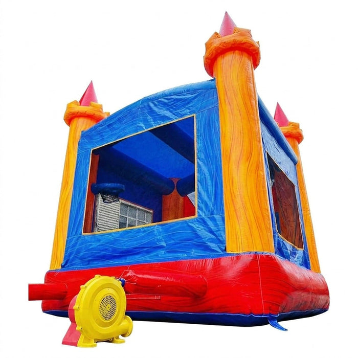 Side-angle view of the 13x13 Royal Crown Bouncer castle inflatable showing its turret towers and attached yellow air blower, on a white studio background.