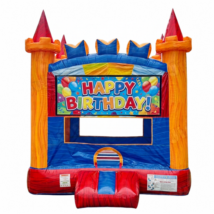13x13 Royal Crown Bouncer castle inflatable fitted with a colorful 'Happy Birthday' banner insert above the entrance, shown on a white studio background.