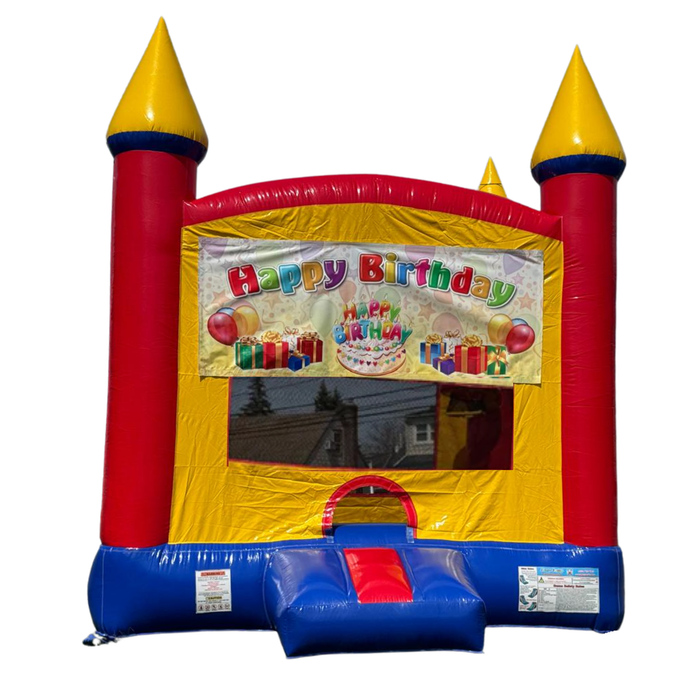 Colorful inflatable bounce house with 'Happy Birthday' banner on a white background