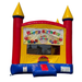 Colorful inflatable bounce house with 'Happy Birthday' banner on a white background