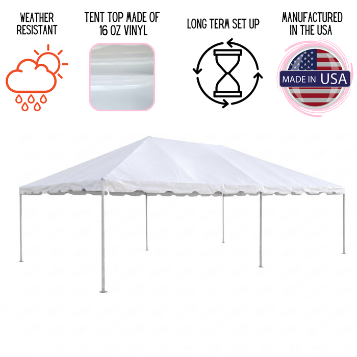 Infographic for the 15x30 Classic Series West Coast frame tent highlighting weather-resistant construction, a 16oz vinyl tent top, long-term outdoor set up, and USA manufacturing, shown above a studio photo of the assembled white frame tent with no sidewalls.