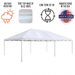 Infographic for the 15x30 Classic Series West Coast frame tent highlighting weather-resistant construction, a 16oz vinyl tent top, long-term outdoor set up, and USA manufacturing, shown above a studio photo of the assembled white frame tent with no sidewalls.