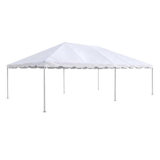 Studio product photo of a plain white 15x30 Classic Series West Coast frame tent with scalloped valance trim and silver aluminum legs, shown on a white background with no sidewalls attached.