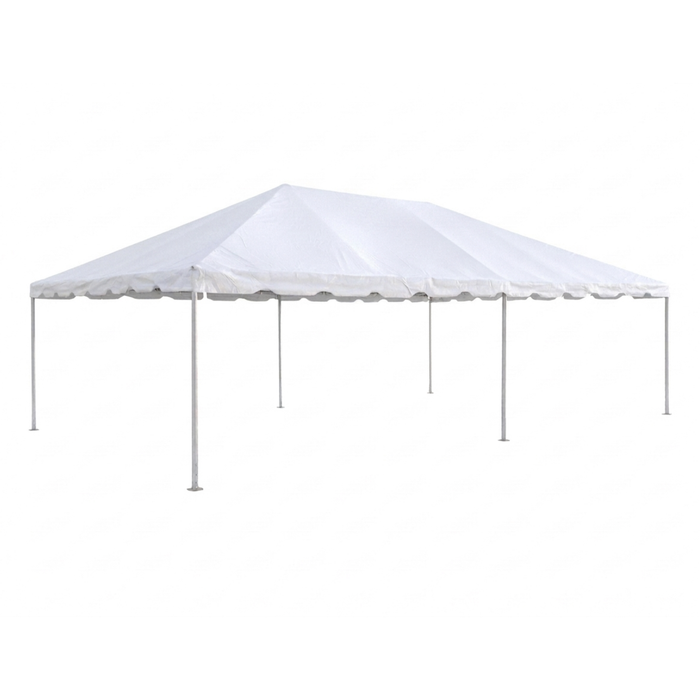 Studio product photo of a plain white 15x30 Classic Series West Coast frame tent with scalloped valance trim and silver aluminum legs, shown on a white background with no sidewalls attached.