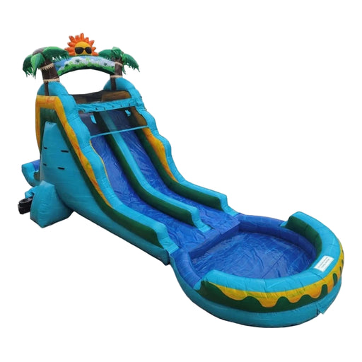 Beyond Tent 16' Tropical Oasis Dual Lane Inflatable Water Slide with Blower, teal and blue tropical themed slide with sun and palm tree topper, angled view isolated on a white background