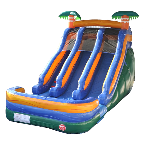Beyond Tent 18' Double Lane Splash Wet and Dry Slide, blue and orange tropical water slide with palm tree accents and dual slide lanes, isolated on a white background