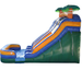 Beyond Tent 18' Double Lane Splash Wet and Dry Slide side profile view, blue and orange tropical water slide with palm tree accents and splash pool, isolated on a white background
