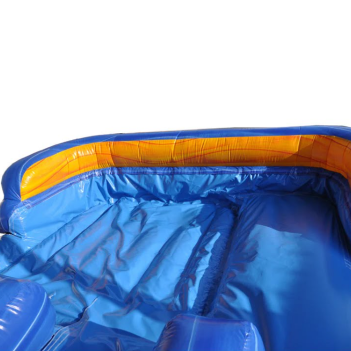 Beyond Tent 18' Double Lane Splash Wet and Dry Slide close-up of the empty splash pool landing area, blue and orange vinyl, isolated on a white background