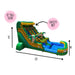 18' Dual-Lane Tropical Rush Wet/Dry Slide dimensions diagram - 12 foot tall slide, 14 feet wide, 33 feet long, with safety net callout, 3D rendered illustration
