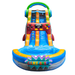 Studio product photo of the 18 foot Game Over wet and dry water slide, front view on a white background, showing the colorful "GAME OVER" graphic on the front of the splash pool and the red game-controller climbing obstacle.