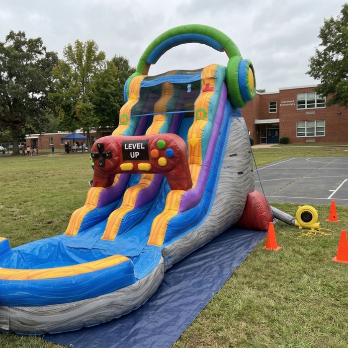 Real-world setup photo of the 18 foot Game Over wet and dry water slide deployed on grass outside a school building, with a protective ground tarp, yellow air blower, and orange safety cones placed around the unit.
