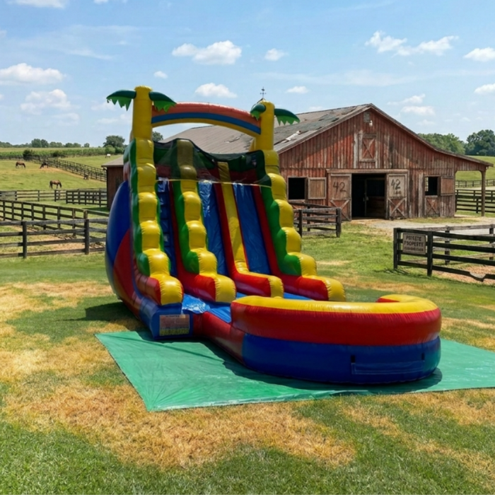 18' Tropical Adventure Double Lane inflatable water slide spec infographic showing 29L x 12W x 18H foot dimensions, 300 lb unit weight, and 15oz commercial PVC vinyl construction — Beyond Tent