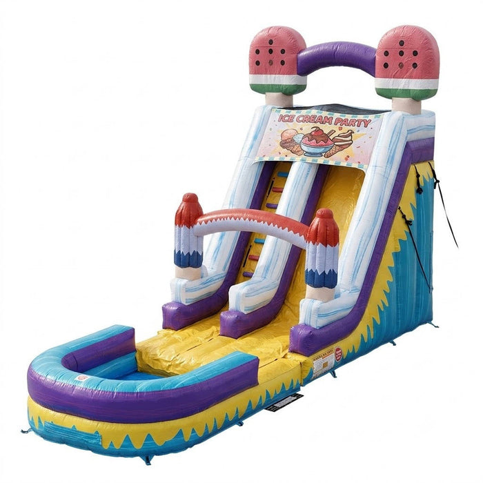 Beyond Tent 19' Popsicle Punch Water Slide with Blower, ice cream and popsicle themed single lane slide with watermelon toppers, isolated on a white background