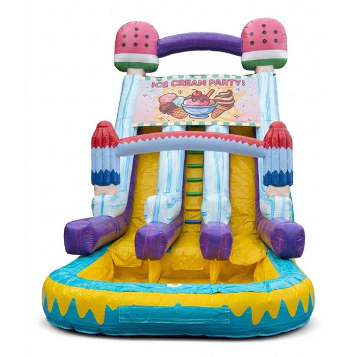 Vibrant 19-foot Paleta Punch dual lane commercial inflatable water slide featuring colorful ice cream and paleta graphics with two side-by-side racing lanes and splash exit zones