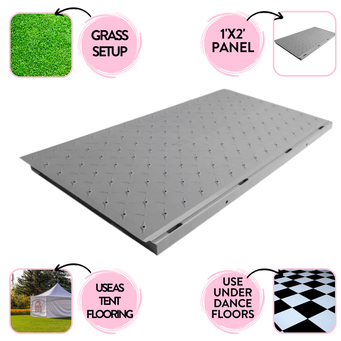 Beyond Tent 1'x2' Event Subfloor - Commercial Grade showing different type of features.