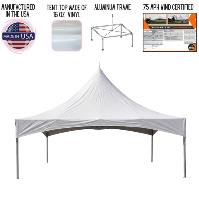 Beyond Tent 20' x 20' High Peak Premium Frame Tent, white vinyl top on aluminum frame, studio product photo with icons for Made in USA, 16oz vinyl top, aluminum frame construction, and 75 MPH wind certification