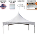 Beyond Tent 20' x 20' High Peak Premium Frame Tent, white vinyl top on aluminum frame, studio product photo with icons for Made in USA, 16oz vinyl top, aluminum frame construction, and 75 MPH wind certification