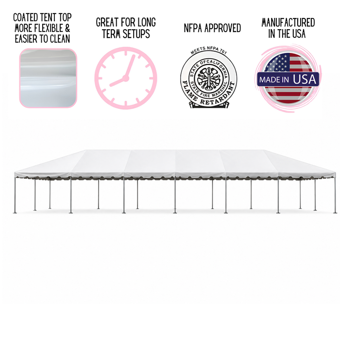 Beyond Tent 20x60 Classic Series West Coast Frame Tent commercial party canopy graphic featuring product badges for NFPA 701 fire retardant rating, Made in USA certification, long-term setup compatibility, and heavy-duty coated vinyl top construction