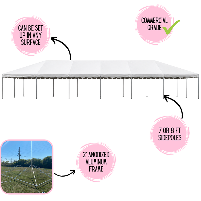 Beyond Tent 20x60 Classic Series West Coast Frame Tent commercial party canopy infographic highlighting features including 2-inch anodized aluminum frame, setup capability on any surface, and 7 or 8 ft sidepoles - exclusive picture 