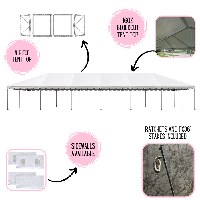 Beyond Tent 20x60 Classic Series West Coast Frame Tent commercial party canopy infographic displaying a 4-piece sectional top diagram, 16 oz blockout vinyl fabric callout, optional Cathedral window sidewalls, and included 1x36 steel stakes with ratchet assemblies