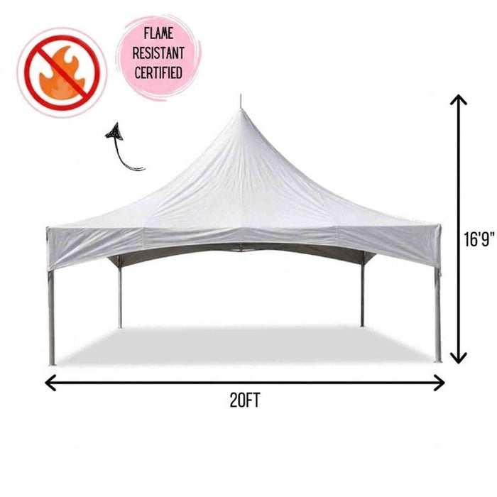 Beyond Tent High Peak Frame Tent dimension diagram, 20ft wide by 16'9" tall at the peak, with a Flame Resistant Certified badge