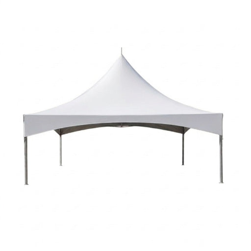 A white peak canopy tent with silver metal support legs, shown from a front angle against a plain white background.