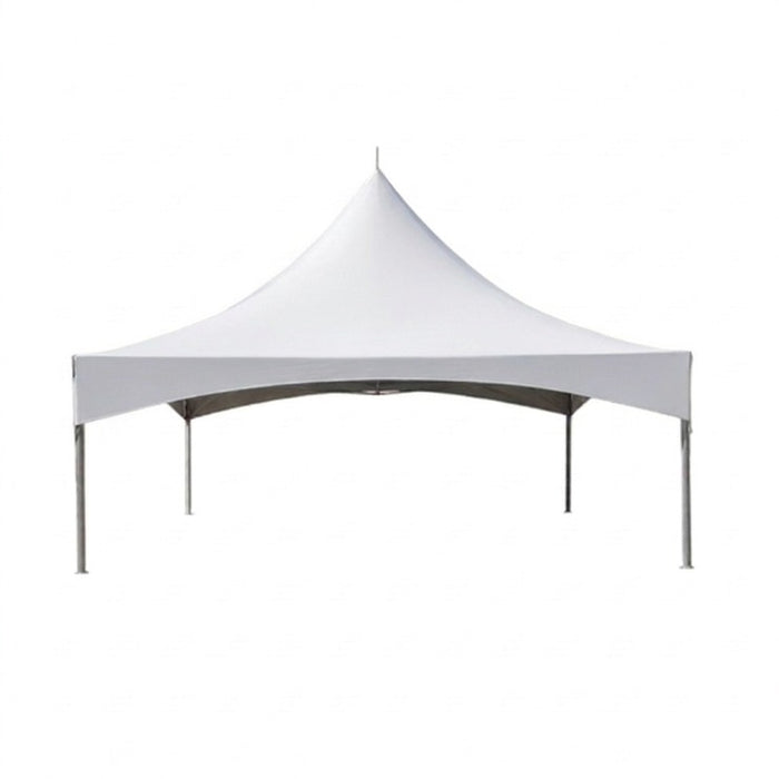 A white peak canopy tent with silver metal support legs, shown from a front angle against a plain white background.