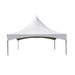 A white peak canopy tent with silver metal support legs, shown from a front angle against a plain white background.