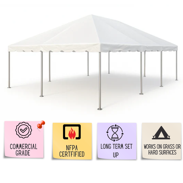 20x30 commercial West Coast frame tent on a white background, featuring icons for commercial grade, NFPA certification, long-term setup, and versatility for grass or hard surfaces