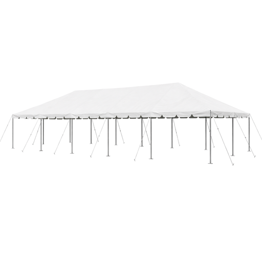 Product photo of a 20x50 white West Coast Frame Tent on a white background, showcasing the clear-span aluminum frame and heavy-duty 16 oz. blockout vinyl top
