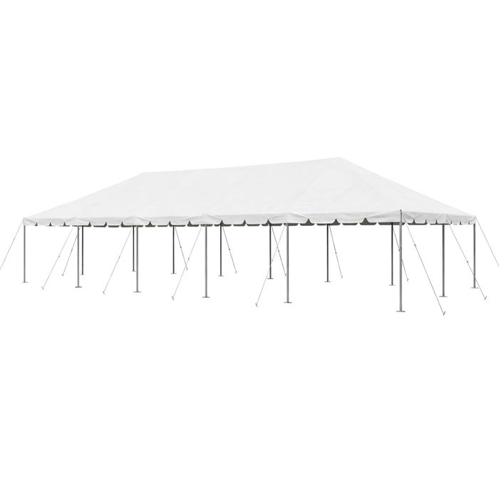 Product photo of a 20x50 white West Coast Frame Tent on a white background, showcasing the clear-span aluminum frame and heavy-duty 16 oz. blockout vinyl top