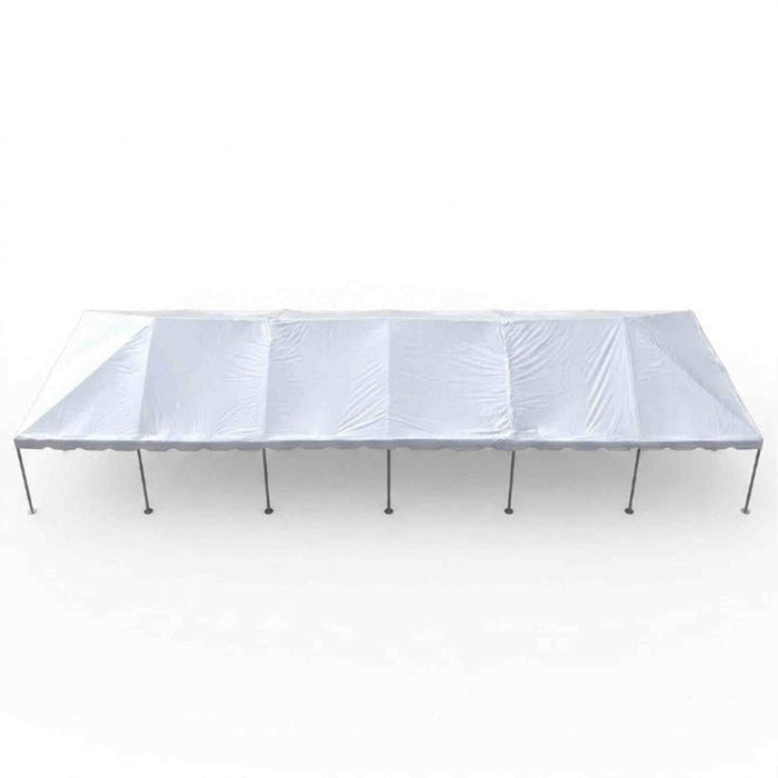 Beyond Tent 20x60 Classic Series West Coast Frame Tent side profile studio view showing the assembled white blockout vinyl canopy top and anodized aluminum legs on a solid white background